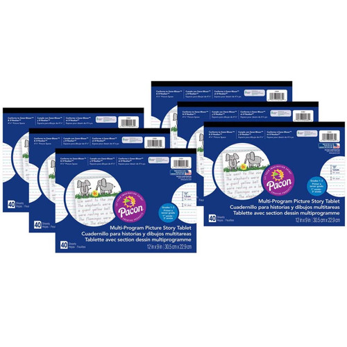 Multi-Program Handwriting Tablet, D'Nealian/Zaner-Bloser, 1/2'' x 1/4'' x 1/4'' Ruled & 4-1/4'' Picture Story Space, 12'' x 9'', 40 Sheets, Pack of 6