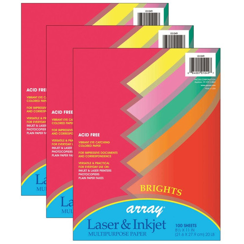 Bright Multi-Purpose Paper, 5 Assorted Colors, 20 l., 8-1/2'' x 11'', 100 Sheets Per Pack, 3 Packs