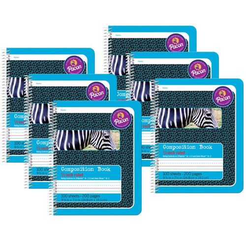 Primary Composition Book, Spiral Bound, D'Nealian/Zaner-Bloser, 1/2'' x 1/4'' x 1/4'' Ruled, 9-3/4'' x 7-1/2'', 100 Sheets, Pack of 6