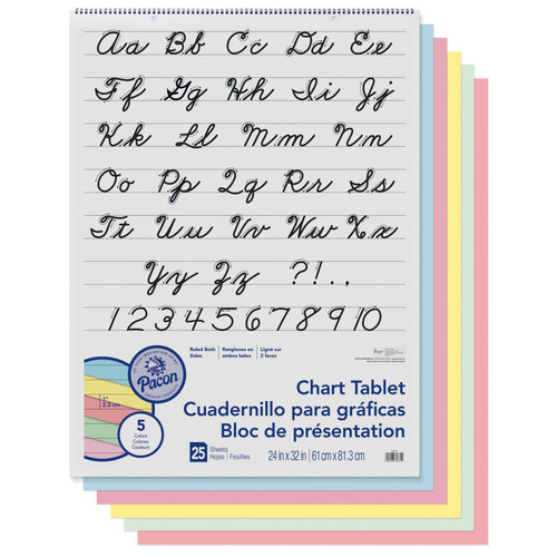 Colored Paper Chart Tablet, Cursive Cover, Asst, 1'' Rule.4'' x 32'', 25 Sheets