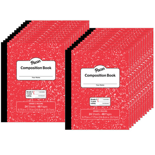 Composition Book, Grade 3, Red Marble, 3/8'' x 3/16'' x 3/16'' Ruled, 9-3/4'' x 7-3/4'', 24 Sheets, Pack of 24