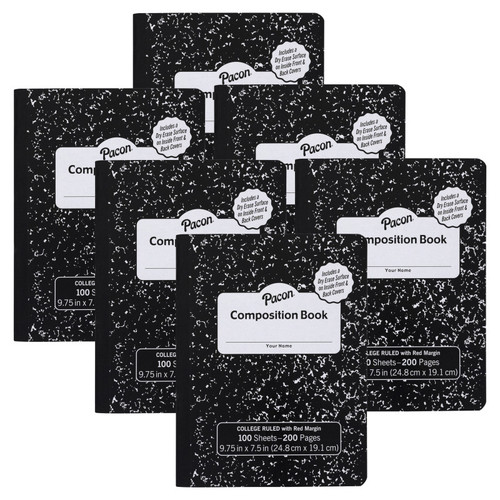 Composition Books with Dry Erase Surfaces, Black Marble, 3/8'' Ruled w/Margin , 100 Sheets/200 Pages, Pack of 6