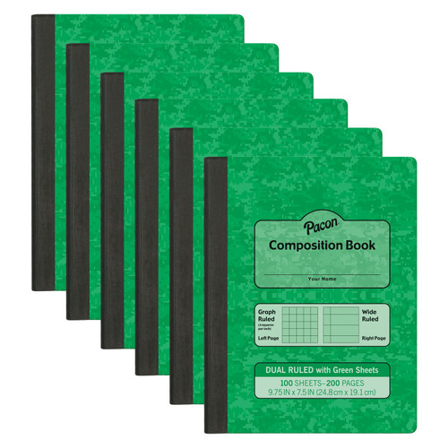 Dual Ruled Composition Book, Green, 1/4 in grid and 3/8 in (wide) 9-3/4'' x 7-1/2'', 100 Sheets, Pack of 6