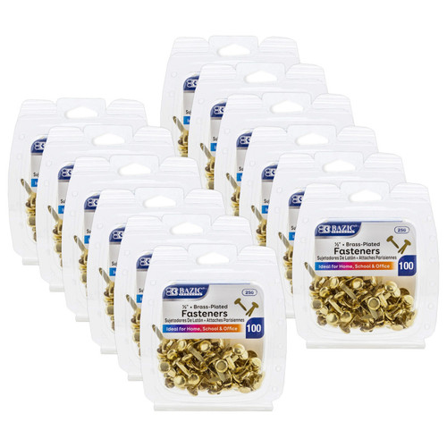 Brass-Plated Fasteners, 1/2'', 100 Per Pack, 12 Packs