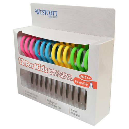 Soft Handle 5'' Kids Scissors Classpack with Storage Rack, Pointed, Pack of 12