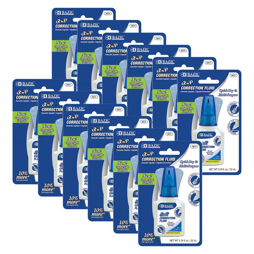 2 in 1 Correction Fluid with Foam Brush Applicator & Pen Tip, .74 FL OZ (22 mL), Pack of 12