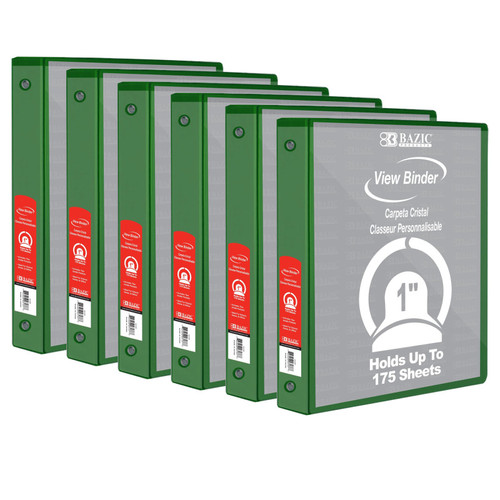 3-Ring View Binder with 2 Pockets, 1'', Green, Pack of 6