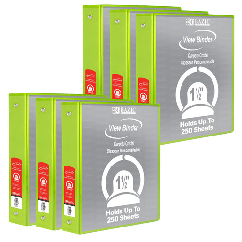 3-Ring View Binder with 2 Pockets, .5'', Lime Green, Pack of 6