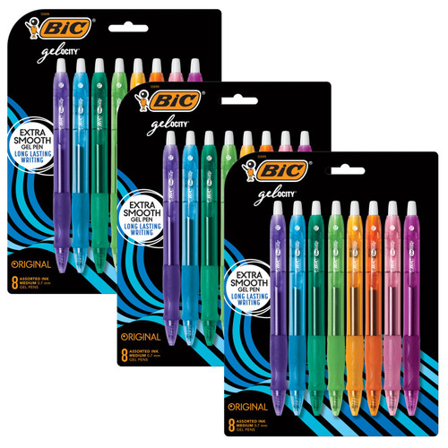 Gelocity Original Long Lasting Fashion Gel Pens, Medium Point (.7mm) Assorted Ink, 8 Per Pack, 3 Packs