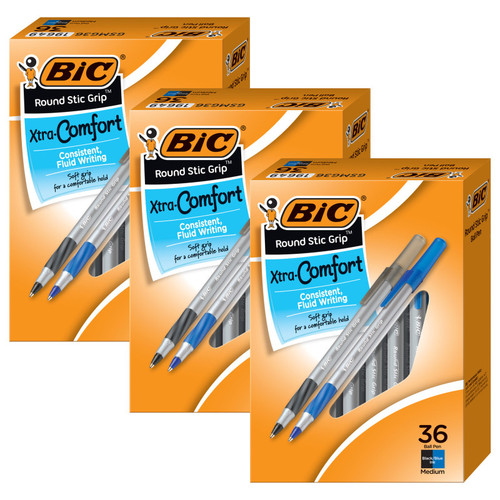 Round Stic Grip Xtra Comfort Ballpoint Pens, Medium Point (.2mm), Assorted Colors, 36 Per Pack, 3 Packs