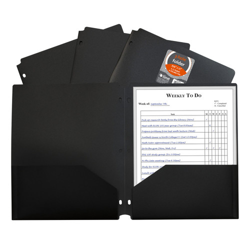 Two-Pocket Heavyweight Poly Portfolio Folder with Three-Hole Punch, Black, Each