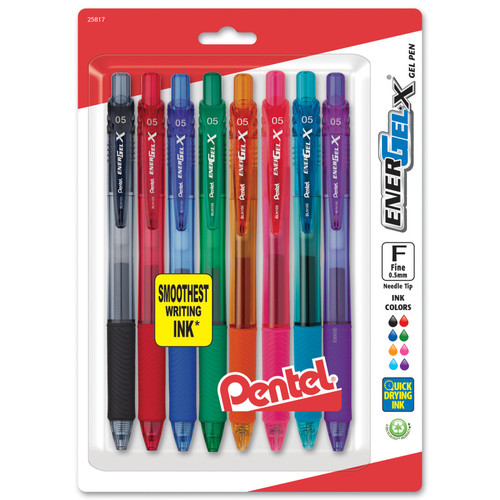 EnerGel-X Retractable Liquid Gel Pen, (.5mm) Needle Tip, Fine Line, Assorted Ink, 8-Pack