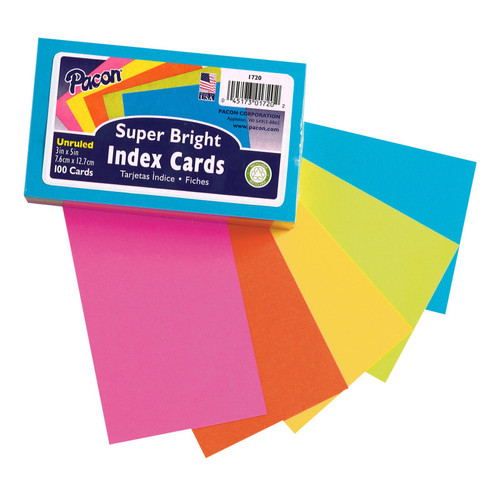 Index Cards, 5 Super Bright Assorted Colors, Unruled, 3'' x 5'', 100 Cards