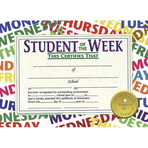 Student of the Week Certificate, .5'' x 11'', Pack of 30