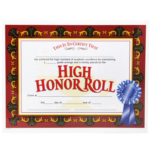 High Honor Roll Certificate, .5'' x 11'', Pack of 30