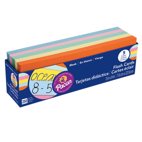 Blank Flash Card Dispenser Box, 5 Assorted Colors, Unruled 3'' x 9'', 250 Cards