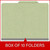 Peridot green letter size top tab classification folder with 2" dark green tyvek expansion and 2" bonded fasteners on inside front and inside back. 25 pt type 3 pressboard stock. Packaged 25/125.