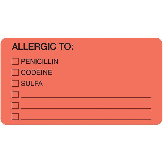 Allergy Label: "Allergic To: Penicillin, Codeine, Sulfa" - 3-1/4" x 1-3/4" - Fl. Red - 250 Labels Per Box