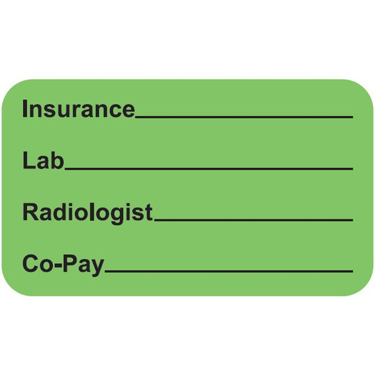 Insurance Label - "Insurance, Lab, Radiologist, Co-Pay" - Fl. Green - 1 1/2" x 7/8" - Box of 250