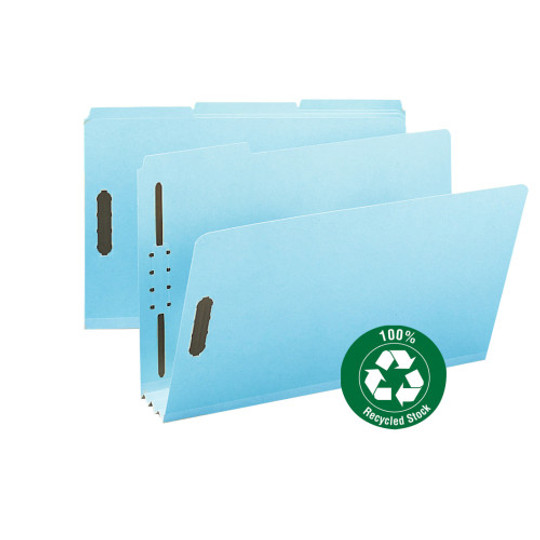 Smead 100% Recycled Pressboard Fastener File Folder, 1/3-Cut Tab, 3" Expansion, Legal Size, Blue, 25 per Box (20002)