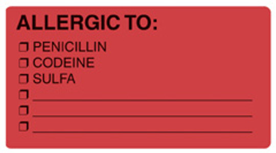 "ALLERGIC TO: PENICILLIN, CODEINE, SULFA" Label - FL. RED - 3-1/4" x 1-3/4" - Box of 250