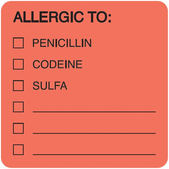 AmeriFile Allergy Label - Allergic To: Penicillin, Codeine, Sulfa Label - Fl Red - 2" x 2" - LCL4001 - Roll of 250