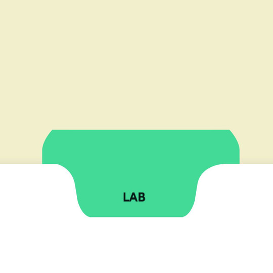 Ivory letter size end tab index divider with position 2 tab printed "LAB" and mylared in Light Green. 125# manila stock. 100/Pack