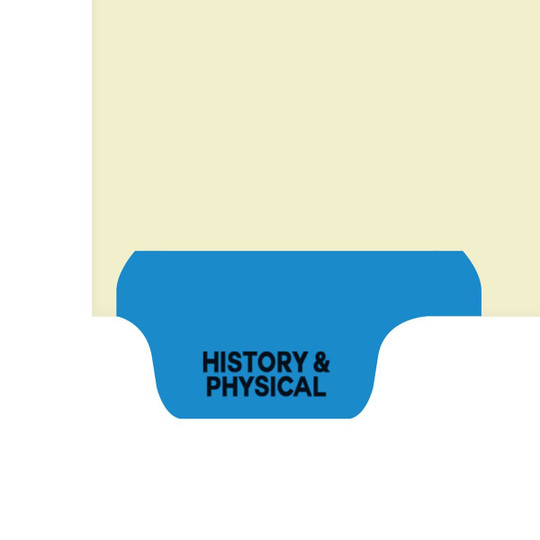  Ivory letter size end tab 1/6 cut index divider with position 1 tab printed HISTORY AND PHYSICAL and mylared in Medium Blue. 125# manila stock. Packaged 25. (S-09209-6T-1)