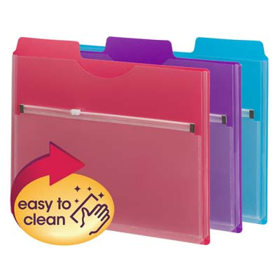 Poly Project Organizer with Zip Pouch -  1/3- Cut Tab, Letter Size 11-3/4" W x 10" H -, Assorted Colors, 30 Per Carton (89617)