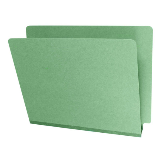 Green letter size end tab classification folder with 2" gray tyvek expansion and 2" bonded fasteners on inside front and inside back. 25 pt type 2 pressboard stock. Packaged 25/125.