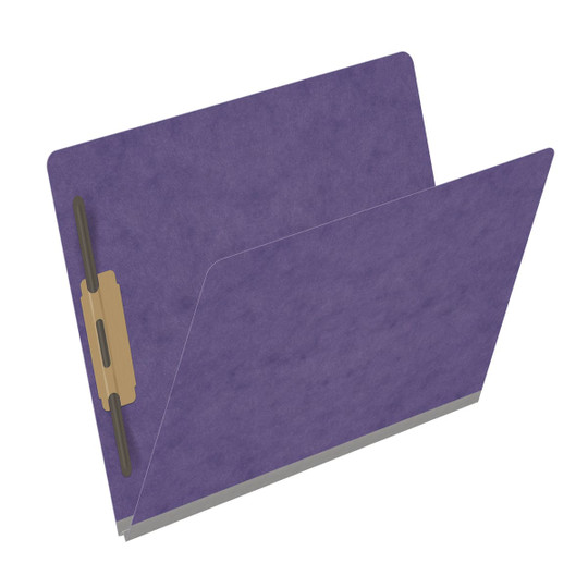 Purple letter size end tab classification folder with 2" gray tyvek expansion and 2" bonded fasteners on inside front and inside back. 25 pt type 3 pressboard stock. Packaged 25/125.