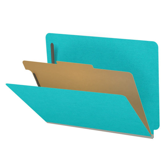 Light blue letter size end tab classification folder with 2" gray tyvek expansion, with 2" bonded fasteners on inside front and inside back and 1" duo fastener on divider. 18 pt. paper stock and 17 pt brown kraft dividers. Packaged 10/50.