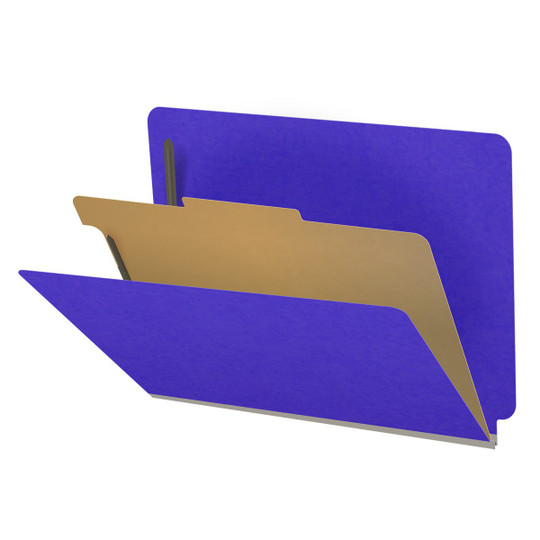 Purple letter size end tab classification folder with 2" gray tyvek expansion, with 2" bonded fasteners on inside front and inside back and 1" duo fastener on divider. 18 pt. paper stock and 17 pt brown kraft dividers. Packaged 10/50.