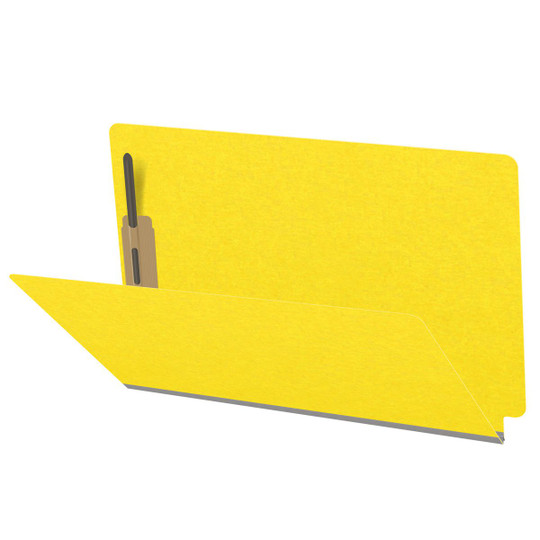 Yellow legal size end tab classification folder with 2" gray tyvek expansion and 2" bonded fasteners on inside front and inside back. 18 pt. paper stock. Packaged 25/125.