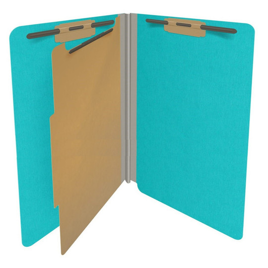 Light blue legal size end tab classification folder with 2" gray tyvek expansion, with 2" bonded fasteners on inside front and inside back and 1" duo fastener on divider. 18 pt. paper stock and 17 pt brown kraft dividers, 10/Box (DV-S52-14-18LBL)
