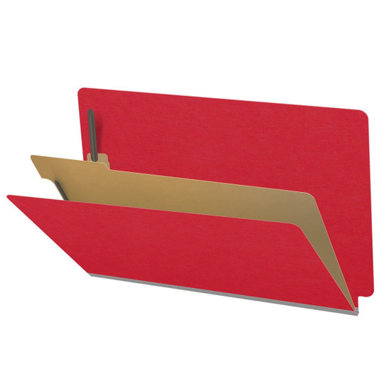 Red legal size end tab classification folder with 2" gray tyvek expansion, with 2" bonded fasteners on inside front and inside back and 1" duo fastener on divider. 18 pt. paper stock and 17 pt brown kraft dividers. Packaged 10/50.