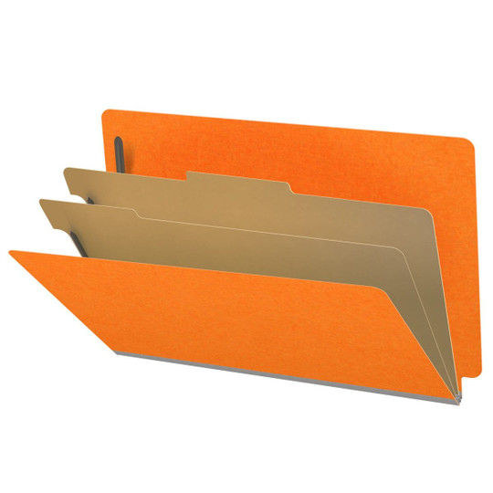 Orange legal size end tab classification folder with 2" gray tyvek expansion, with 2" bonded fasteners on inside front and inside back and 1" duo fastener on dividers. 18 pt. paper stock and 17 pt brown kraft dividers. Packaged 10/50.