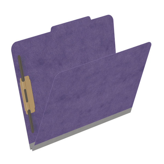 Purple letter size top tab classification folder with 2" gray tyvek expansion and 2" bonded fasteners on inside front and inside back. 25 pt type 3 pressboard stock. Packaged 25/125.