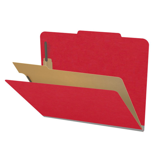 Red letter size top tab classification folder with 2" gray tyvek expansion, with 2" bonded fasteners on inside front and inside back and 1" duo fastener on divider. 18 pt. paper stock and 17 pt brown kraft dividers. Packaged 10/50.