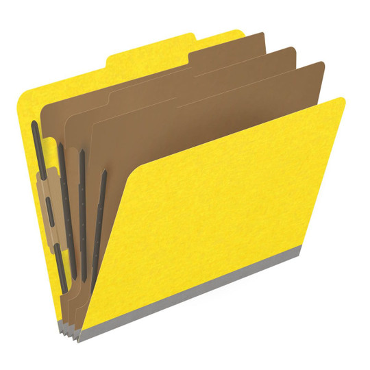 Yellow letter size top tab classification folder with 3" gray tyvek expansion, with 2" bonded fasteners on inside front and inside back and 1" duo fastener on dividers. 18 pt. paper stock and 17 pt brown kraft dividers. Packaged 10/50.