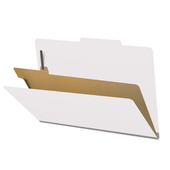 White legal size top tab classification folder with 2" gray tyvek expansion, with 2" bonded fasteners on inside front and inside back and 1" duo fastener on divider. 18 pt. paper stock and 17 pt brown kraft dividers. Packaged 10/50.