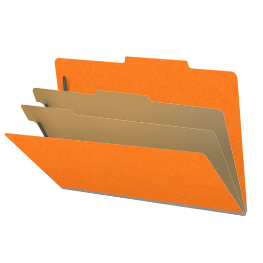 Orange legal size top tab classification folder with 2" gray tyvek expansion, with 2" bonded fasteners on inside front and inside back and 1" duo fastener on dividers. 18 pt. paper stock and 17 pt brown kraft dividers. Packaged 10/50.