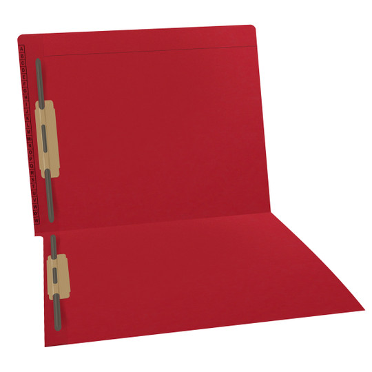 Red Kardex match letter size reinforced top and end tab folder with A-Z scale printed on left end taband 2" bonded fasteners on inside front and back. 11 pt red stock. Packaged 50/250.