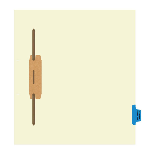 Ivory letter size side tab fileback divider with position 7 tab printed PAP SMEAR and mylared in medium green and a 2" bonded fastener below score. 125# manila stock. Packaged 50