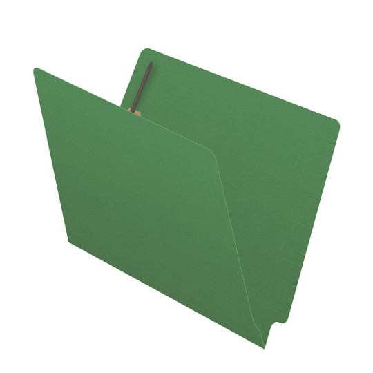 Green letter size reinforced end tab folder with 2" bonded fastener on inside back. 14 pt green stock. Packaged 50/250