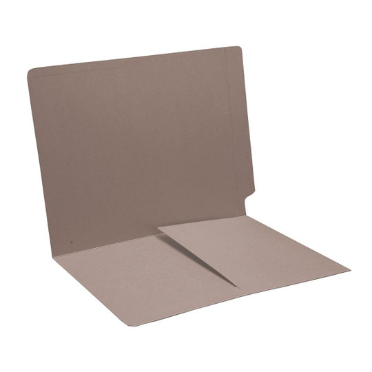 Gray letter size reinforced end tab folder with 1/2 pocket on inside front. 14 pt gray stock. Packaged 50/250.