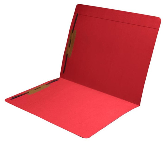 Red letter size reinforced top tab folder with full cut top tab and 2" bonded fastener on inside front and back. 11 pt red stock. Packaged 50/250.