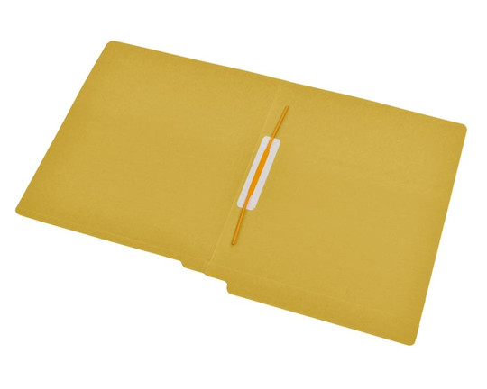 Yellow letter size reinforced end tab folder with Jalemaclip fastener on inside back. 14 pt yellow stock. Packaged 50/250