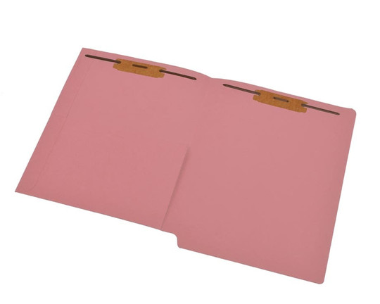 Pink letter size reinforced end tab folder with 1/2 pocket on inside front and 2" bonded fastener on inside front and back. 11 pt pink stock. Packaged 50/250