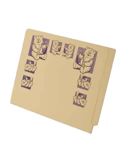 Manila letter size reinforced end tab folder with teddy bears printed in purple and black and 2" bonded fastener on inside front and back. 11 pt manila stock. Packaged 50/250.